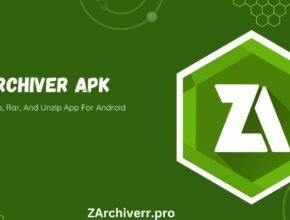 A promotional banner for the [Zarchiver APK Download] featuring the app's logo and its description as the best zip, rar, and unzip app for Android.