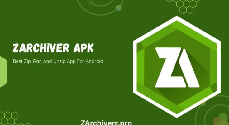 A promotional banner for the [Zarchiver APK Download] featuring the app's logo and its description as the best zip, rar, and unzip app for Android.
