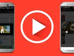 Two smartphones displaying the interface of the [iFlyTube APK ] application on a vibrant red background.