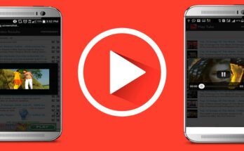 Two smartphones displaying the interface of the [iFlyTube APK ] application on a vibrant red background.