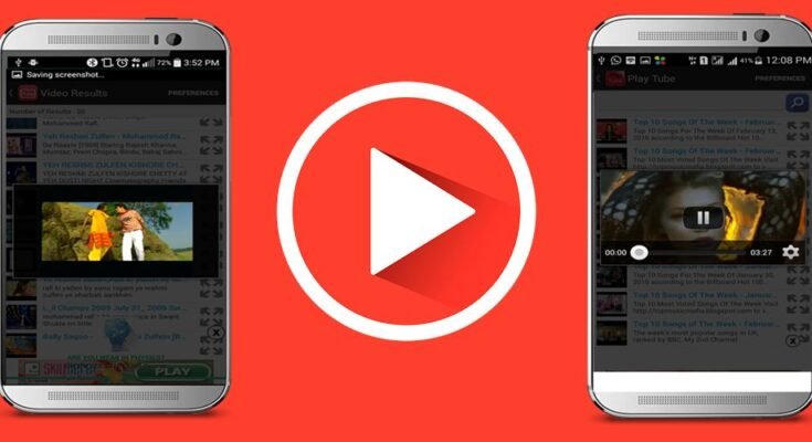 Two smartphones displaying the interface of the [iFlyTube APK ] application on a vibrant red background.