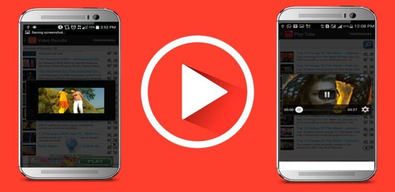 Two smartphones displaying the interface of the [iFlyTube APK ] application on a vibrant red background.
