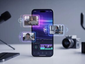 "A high-end cinematic display of a smartphone showcasing a futuristic AI video editing app APK interface with floating holographic video clips and a professional timeline editor."