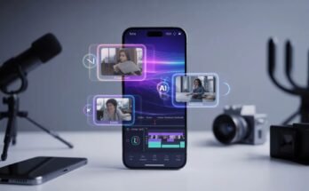 "A high-end cinematic display of a smartphone showcasing a futuristic AI video editing app APK interface with floating holographic video clips and a professional timeline editor."