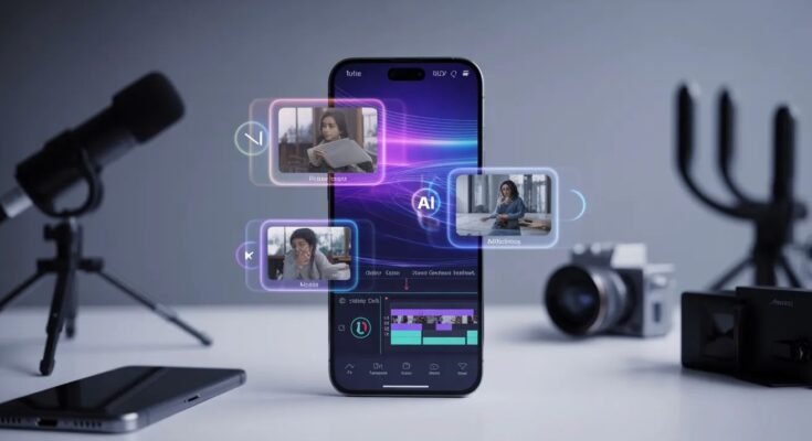 "A high-end cinematic display of a smartphone showcasing a futuristic AI video editing app APK interface with floating holographic video clips and a professional timeline editor."