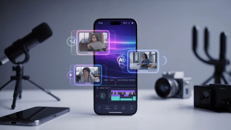 "A high-end cinematic display of a smartphone showcasing a futuristic AI video editing app APK interface with floating holographic video clips and a professional timeline editor."
