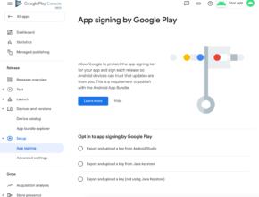 Android app signing process showing keystore APK and Google Play Store