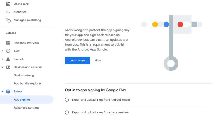 Android app signing process showing keystore APK and Google Play Store