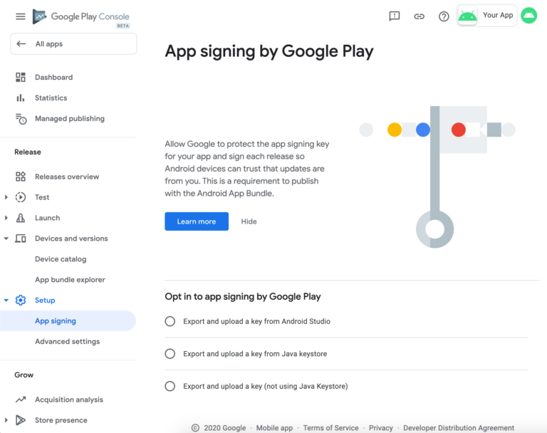Android app signing process showing keystore APK and Google Play Store