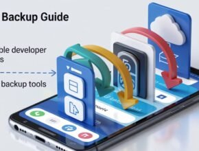 A person holding a smartphone showing an app extraction menu, with a graphic overlay and a cloud icon explaining how to back up APK apps to a secure cloud or local storage.
