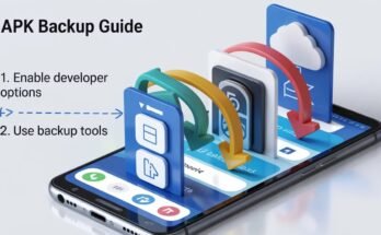 A person holding a smartphone showing an app extraction menu, with a graphic overlay and a cloud icon explaining how to back up APK apps to a secure cloud or local storage.
