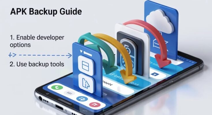 A person holding a smartphone showing an app extraction menu, with a graphic overlay and a cloud icon explaining how to back up APK apps to a secure cloud or local storage.