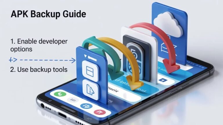 A person holding a smartphone showing an app extraction menu, with a graphic overlay and a cloud icon explaining how to back up APK apps to a secure cloud or local storage.
