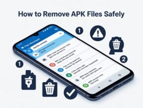 An educational graphic showing a smartphone with file management icons to illustrate [How to Remove APK Files Safely] from an Android device.