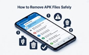 An educational graphic showing a smartphone with file management icons to illustrate [How to Remove APK Files Safely] from an Android device.