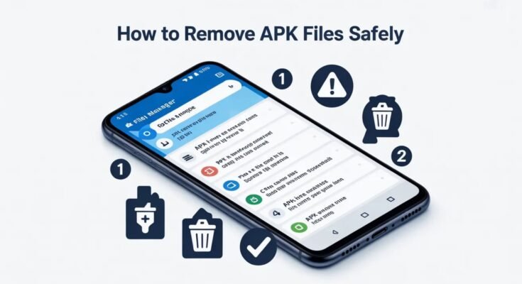An educational graphic showing a smartphone with file management icons to illustrate [How to Remove APK Files Safely] from an Android device.