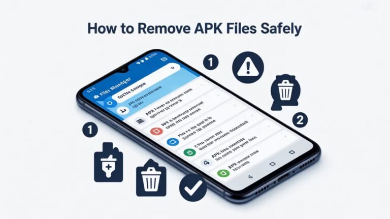 An educational graphic showing a smartphone with file management icons to illustrate [How to Remove APK Files Safely] from an Android device.