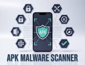 A comprehensive security graphic titled 'APK Malware Scanner,' featuring a modern smartphone at the center with a green shield overlay on screen to visualize how to scan APK for malware, surrounded by floating security icons like locks, gears, and a checkmark.