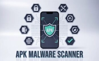 A comprehensive security graphic titled 'APK Malware Scanner,' featuring a modern smartphone at the center with a green shield overlay on screen to visualize how to scan APK for malware, surrounded by floating security icons like locks, gears, and a checkmark.
