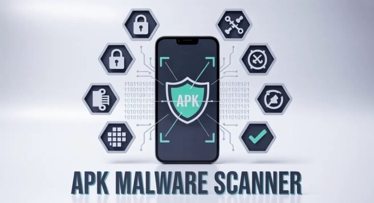 A comprehensive security graphic titled 'APK Malware Scanner,' featuring a modern smartphone at the center with a green shield overlay on screen to visualize how to scan APK for malware, surrounded by floating security icons like locks, gears, and a checkmark.