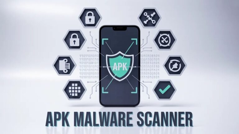 A comprehensive security graphic titled 'APK Malware Scanner,' featuring a modern smartphone at the center with a green shield overlay on screen to visualize how to scan APK for malware, surrounded by floating security icons like locks, gears, and a checkmark.