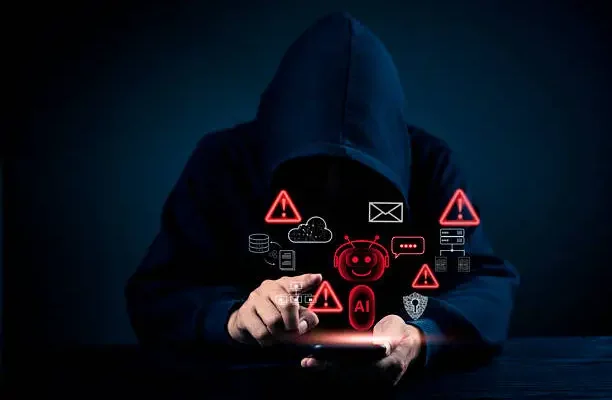 A smartphone showing a warning icon with fake app alert on screen