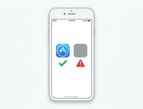 iPhone screen showing Apple App Store icon next to a red warning shield representing the risks of unofficial iOS apps