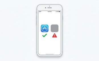 iPhone screen showing Apple App Store icon next to a red warning shield representing the risks of unofficial iOS apps