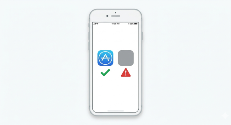 iPhone screen showing Apple App Store icon next to a red warning shield representing the risks of unofficial iOS apps