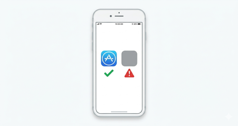 iPhone screen showing Apple App Store icon next to a red warning shield representing the risks of unofficial iOS apps