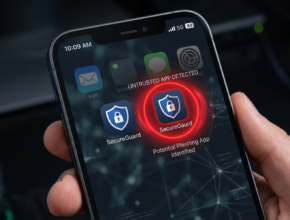 iPhone screen showing a real app icon next to a clone app with subtle differences highlighted