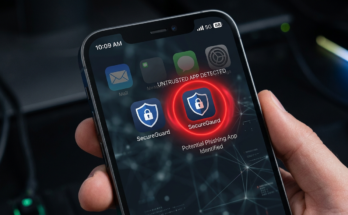 iPhone screen showing a real app icon next to a clone app with subtle differences highlighted