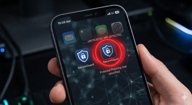 iPhone screen showing a real app icon next to a clone app with subtle differences highlighted