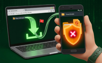 Android phone showing APK file in Downloads folder with security warning shield icon