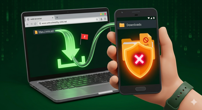 Android phone showing APK file in Downloads folder with security warning shield icon