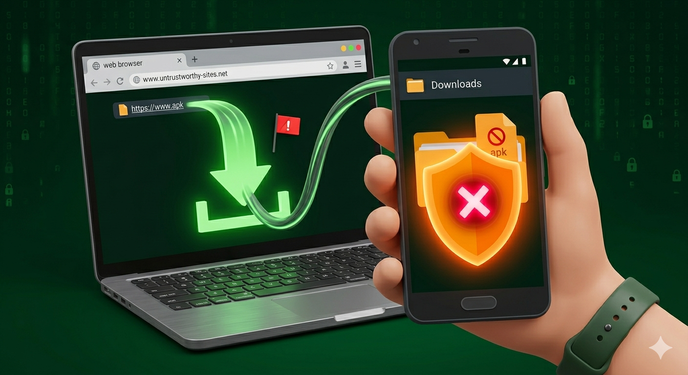 Android phone showing APK file in Downloads folder with security warning shield icon