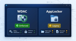 indows Defender Application Control WDAC policy enforcement dashboard WDAC operates at kernel level — making it significantly harder to bypass than AppLocker in enterprise environments.
