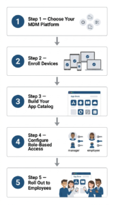 5-step flowchart showing how to set up an enterprise app store from MDM selection to employee rollout Setting up an enterprise app store takes 5 structured steps from platform selection to employee onboarding.