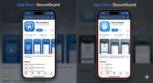 Side-by-side comparison of a real app listing vs a clone app in the iPhone App Store Real vs. fake clone apps copy everything, right down to the screenshots. The differences are subtle on purpose.