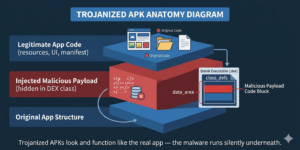 Diagram showing how malicious code is hidden inside the DEX layer of a repackaged APK file Trojanized APKs look and function like the real app — the malware runs silently underneath.