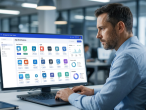 IT manager using an enterprise app store portal to manage employee app distribution on a laptop