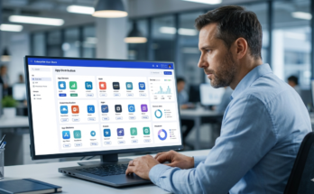 IT manager using an enterprise app store portal to manage employee app distribution on a laptop