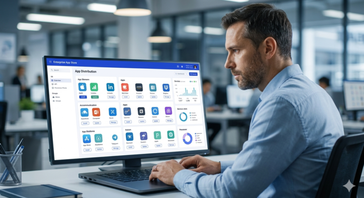 IT manager using an enterprise app store portal to manage employee app distribution on a laptop