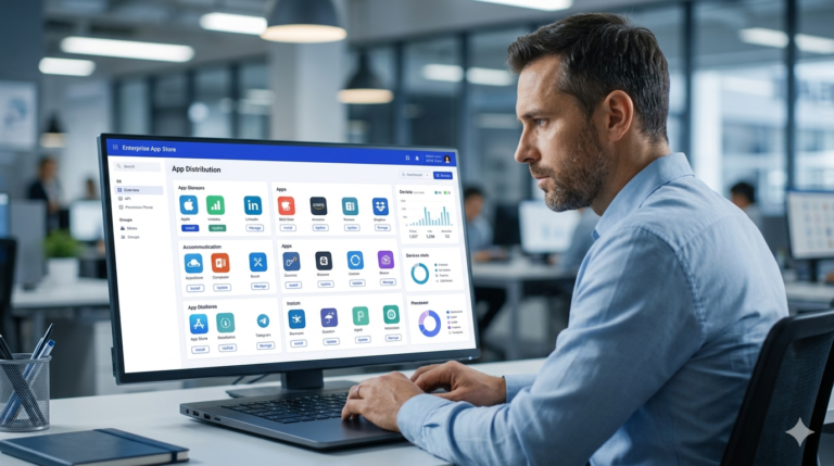 IT manager using an enterprise app store portal to manage employee app distribution on a laptop
