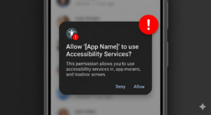 Android permission dialog requesting Accessibility Service access from an unknown third-party app Accessibility Service access lets an app read every other app on your device. Only grant this to apps you fully trust.