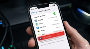 iPhone Settings screen showing Privacy & Security location permissions for apps Go to Settings → Privacy & Security to see exactly which apps have access to your microphone, location, and contacts right now.
