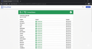 VirusTotal scan result showing 0 out of 72 antivirus detections for a safe APK file VirusTotal runs your APK through 70+ engines at once. Zero detections is good — 3 or more is a stop signal.