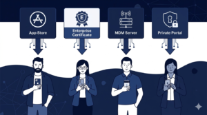 From the public App Store to private MDM-managed distribution — each method solves a different problem, and each one has a specific breaking point.