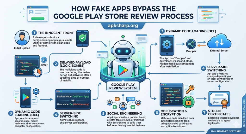 Infographic showing how fake apps bypass Google Play Store review process Fake apps use delayed activation and fake developer certificates to pass official store reviews.