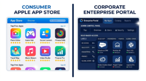 Side-by-side comparison of Apple App Store interface and private enterprise app store portal Public app stores are built for billions of consumers. Enterprise app stores are built for one organization yours.